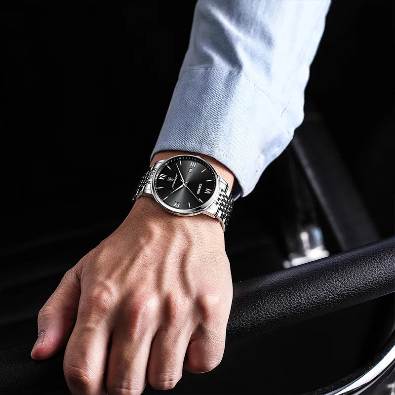 "Elegant Stainless Steel Men’s Watch, Water-Resistant Design"